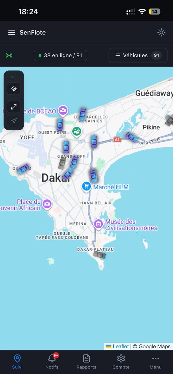Application mobile SenFlote — carte avec les véhicules d'une flotte à Dakar
